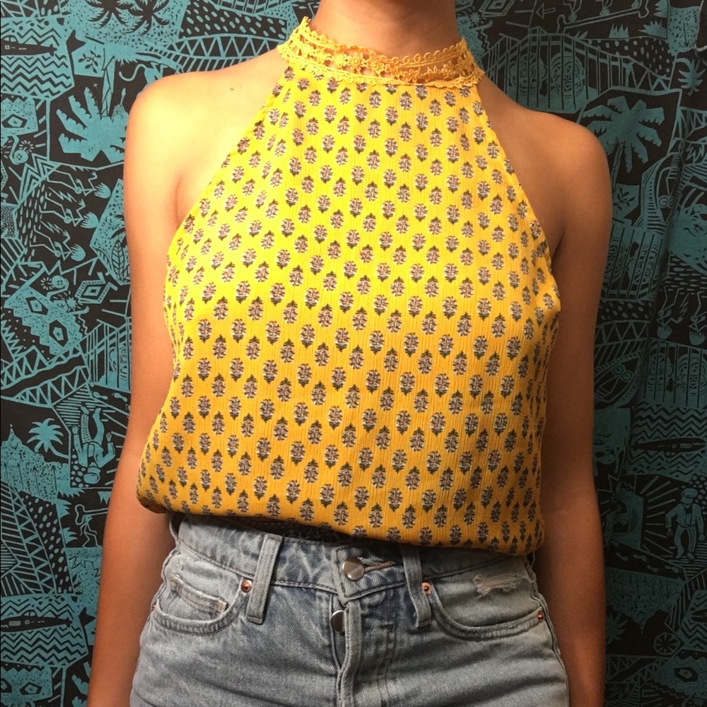 Yellow printed halter neck blouse